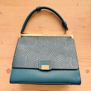 Dune London Structured Top Handle Satchel – Teal Snake Embossed‎ & Gold Hardware